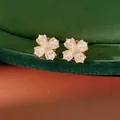 Close-up of gold-plated flower ear clips with sparkling white cubic zirconia petals - Clip-On Earrings / Gold
