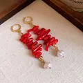 Detailed view of vintage style red resin coral branch and white pearl drop earrings - Tassel Drop Earrings (HE32955) / Red Hoop Buckle