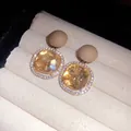 Elegant champagne crystal halo earrings with matte beige studs in a jewelry display box - Gold