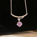 Elegant rose gold clavicle chain necklace with sparkling purple zircon and star detail - Star Moon Necklace (HN12690) / Silver-Purple