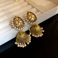 Vintage antique gold Jhumka earrings with teardrop pearls and floral pattern detail - Silver Earring Post - Gold - Blue