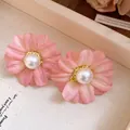 Elegant pink fabric flower stud earrings with white pearl center for vintage women style - Pink