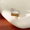 Minimalist geometric 18k gold plated open ring with amber and clear stones for women - Silver