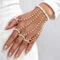 Elegant multi-strand white pearl hand harness with gold-tone chain for beach vacation - Hand Chain Bracelet(X398) / KC Gold + White