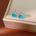Elegant detailed view of light blue square zircon stud earrings resting on a jewelry box - Lake Blue Square Stud Earrings