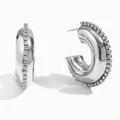 Moderne klobige silberne Creolen mit einer funkelnden klaren Kristallrand-Verzierung - Polierter Strass Stil (E7507) / Silber