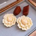 Detailansicht eleganter Holz-Harz-Blumen-Ohrhänger in einer Schmuckschatulle zur Schau - Blumenanhänger-Stil (HE32641) / Kaffee mit Beige