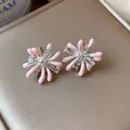 Detail showing the intricate pink enamel and zircon firework-shaped stud earrings design - Fireworks Style (HE31697) / Silver-Pink