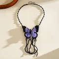 Handmade beaded butterfly necklace detail showing intricate purple and black seed beadwork - Butterfly Stitching Clavicle Chain / Black and Purple