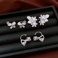 Exquisite sparkling zircon butterfly and bow ear clips set for non-pierced ears - Butterfly/Bow-knot/Floral Ear Clip Set / Silver