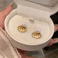 Élégantes boucles d'oreilles en forme de coquillage avec perles, style français chic - Aiguille en argent / Or