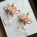 Pair of elegant pink floral hair clips featuring long satin ribbons for Hanfu style - Duckbill Hair Clips / 2 Pcs/Set / Pink