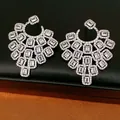 Detailed view of geometric chandelier earrings with clear square cubic zirconia stones - Geometric Square Style (HE34137) / Silver