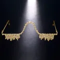 Detailed view of luxury rhinestone fringe eyewear frame with sparkling tassel accents - Half Frame Glasses (No Lens) / Gold