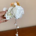 Elegant white fabric flower hair clip with pearl tassels for a romantic vacation look. - White Lily Artificial Pearl Tassel Style