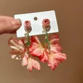 Handmade sweet pink mesh flower tassel earrings with green crystal beads and rose studs - Pink Rose Mesh Style