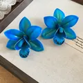 Vibrant blue orchid flower stud earrings with artistic gradient resin petals for women - Gradient Blue Orchid Style