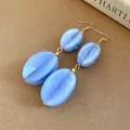 Elegant marbled blue acrylic coffee-bean drop earrings with gold-plated hooks SKU - Earring Hooks / Blue