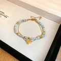 Bracelet élégant en perles bleues avec pendentif cœur doré et chaîne étagée - Bracelet Pendentif Cœur (2#)