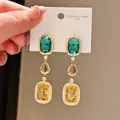 Vintage stainless steel earrings with emerald and yellow crystals in gold finish - Long Gemstone Pendant Style (7#)