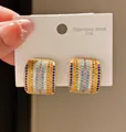 Close-up of colorful cubic zirconia pave square earrings on 316L stainless steel card - Rounded Square Pavé Style (13#)