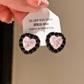 Close-up of heart-shaped earrings with pink center and black zircon border - Heart Black Zirconia Pink Center Style (28#)
