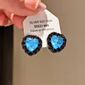 Vintage heart stud earrings with blue and black cubic zirconia on silver tag - Heart Black Zirconia Blue Center Style (29#)