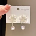 Elegant vintage flower stud earrings with pearl drop on a 316L stainless steel card - Opal Flower Pearl Style (31#)