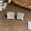 Square gold plated stud earrings with iridescent crushed stone inlay and silver needles - Rhombus Style / Silver