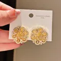 Luxury vintage floral gold-plated earrings with yellow and white cubic zircon stones - Round Petal Mandala Style (47#)