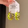 Elegant vintage silver needle hoop earrings with lime green roses and sparkling zircons - 3D Green Flower Zirconia Style (54#)