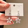 Elegant sparkling stainless steel cubic zirconia flower teardrop earrings in silver finish - Five-Petal Flower Drop Zirconia Style (55#)