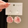 Elegant 316L stainless steel earrings with pink rose petals and pearl studs - 3D Rose Flower Pearl Style (57#)