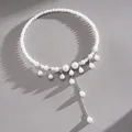Elegant pearl choker necklace with water-drop charms and silver tassel detail - Water Drop Tassel Choker / White