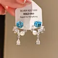 Elegant S925 silver flower drop earrings with blue cube crystals and white pearls - Crystal Flower Pearl Water Drop (61#)