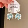 Elegant vintage-style silver needle earrings featuring blue enamel heart flower and white pearls - Gradient Enamel Flower Pearl Style (67#)