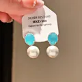 Elegant vintage silver stud earrings with oval blue stone and white pearl detail. - Aquamarine Pearl Style (70#)