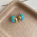 Vintage style geometric hoop earrings with turquoise beads and polished gold finish - C-Shaped Half Hoop Microbead Style (HE32849)