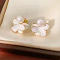Elegant white enamel flower pearl stud earrings with 18k gold plating for a luxury look - Clip-on Earrings / One Pair / Gold-White