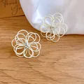Exquisite close-up of white wire-wrapped flower stud earrings with a matte spray finish - Flower (HE34148) / Beige