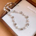 Close-up of elegant French style pearl and crystal beaded adjustable necklace - Silver White Necklace