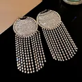 Close-up of elegant silver needle hoop earrings featuring long rhinestone tassels - Silver