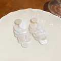 Macro di orecchini a nappa in acrilico cangiante su un piatto di ceramica bianco. - Ago d'argento / Bianco