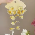 Detailed macro view of handmade yellow woven fabric flower drop earrings with rhinestones - Flower Tassel Style (HE32954) / Yellow