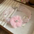 Detailed view of an elegant pink mesh flower choker with pearls in a jewelry display box - Pink