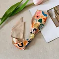 Floral chiffon neck scarf with elegant gold pearl buckle in Korean style. - Coffee Print