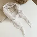 Elegant white chiffon neck scarf with purple floral pattern and rose detail. - White Floral (3D Flower)