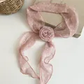 Elegant pink chiffon neckerchief with subtle dot pattern and 3D rose flower detail - Pink Polka Dot