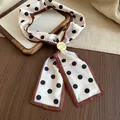 Elegant white polka dot neckerchief with brown border and golden metal buckle ring - White Coffee Polka Dot
