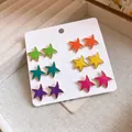 Set de 6 pares de pendientes de estrella de esmalte de colores con agujas de plata - 12 Piezas (6 Pares) / Multicolor (Verde/Cian/Morado/Naranja/Amarillo/Rosa)